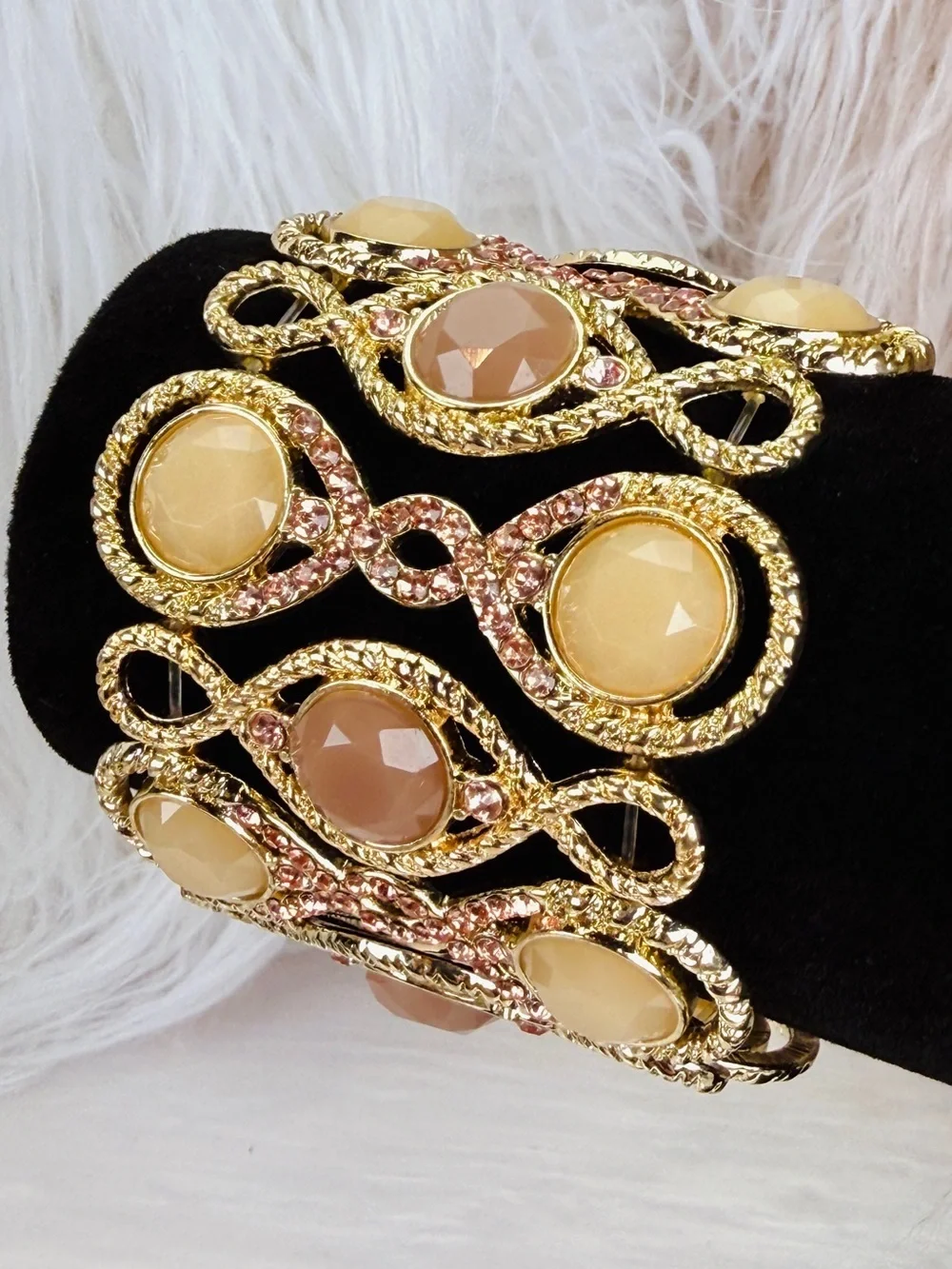 Gorgeous wideband goldtone neutral color stretch bracelet